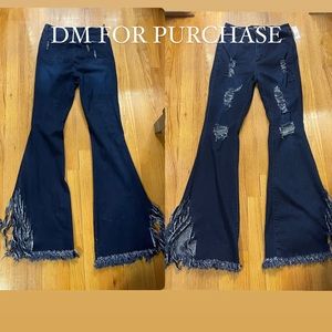 DISTRESSED DARK BLUE DENIM W/ WIDE LEG TASSLES